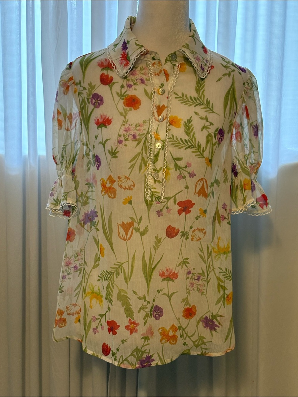 Sheer Floral Lace-Trim Puff Sleeve Blouse White with Multicolor Floral Print S